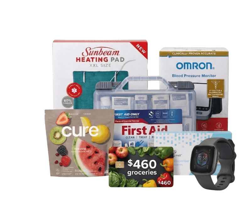 $1,000 healthy living bundle prize including heating pad, blood pressure monitor, first aid kit, wellness drinks, grocery gift card, and fitness smartwatch