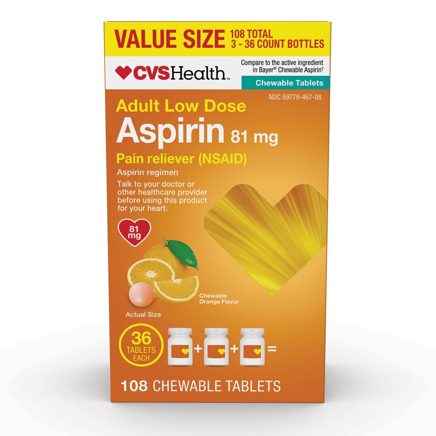 Picture of Aspirin 81mg Chewable Tablets Orange, 36 CT