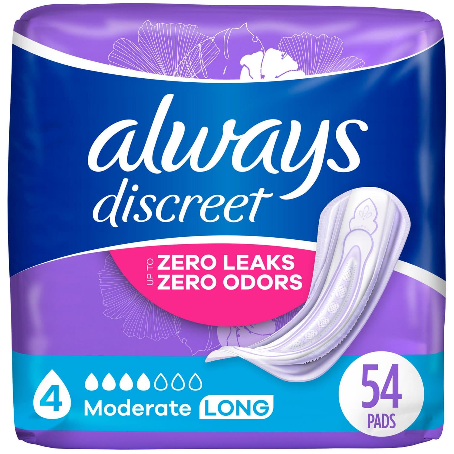 Picture of Always Discreet Pads, Moderate Long, 54 CT