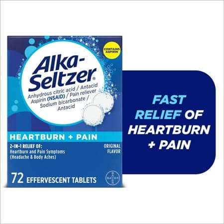 Picture of Alka-Seltzer Heartburn + Pain, Aspirin + Antacid Tablets for Fast Pain Relief, Heartburn Relief & Acid Indigestion Relief, 72 Ct