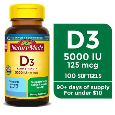 Picture of Nature Made Extra Strength Vitamin D3 5000 IU (125 mcg) Softgels, Dietary Supplement for Bone and Immune Health Support, 100 Count