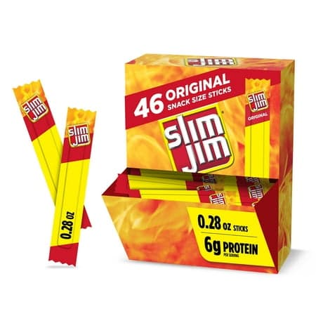 Picture of Slim Jim Smoked Meat Sticks, Original Flavor, 6g Protein Per Serving, Snack Size, Stocking Stuffer, 0.28 oz. (46 Count)
