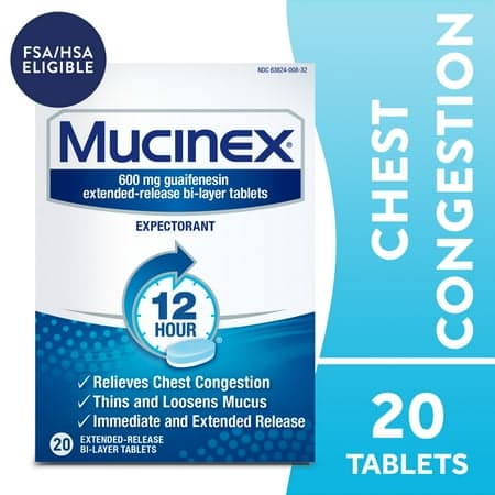 Picture of Mucinex 12 Hour Expectorant, OTC Medicine for Excess Mucus Relief, Chest Congestion, FSA, 20 Tablets