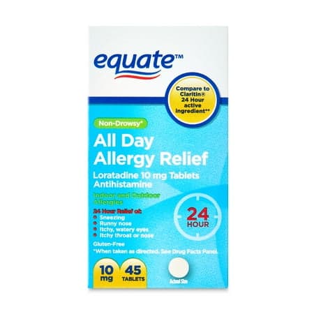 Picture of Equate Non-Drowsy All Day Allergy Relief Loratadine 10 mg Tablets Antihistamine, 45 Count, Compare to Claritin® 24 Hour Active Ingredient