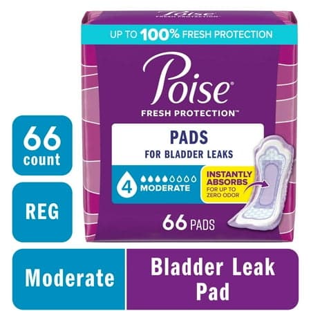 Picture of Poise Incontinence Pads for Women, 4 Drop Moderate Absorbency, Regular Length, 66 Count