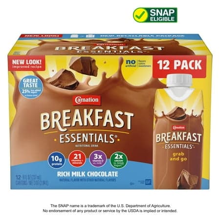 Picture of Carnation Breakfast Essentials Nutritional Protein-Packed Drink Shakes, Rich Milk Chocolate Breakfast Shakes, 8 fl oz, 12 Pack
