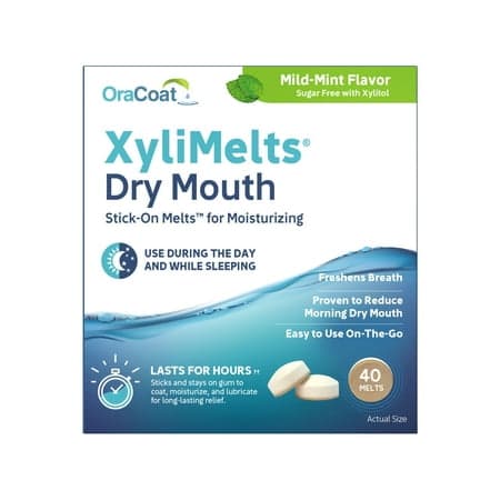 Picture of OraCoat XyliMelts Dry Mouth Relief Moisturizing Oral Adhering Discs 40 Count, Mild Mint with Xylitol, for Dry Mouth, Stimulates Saliva, Non-Acidic