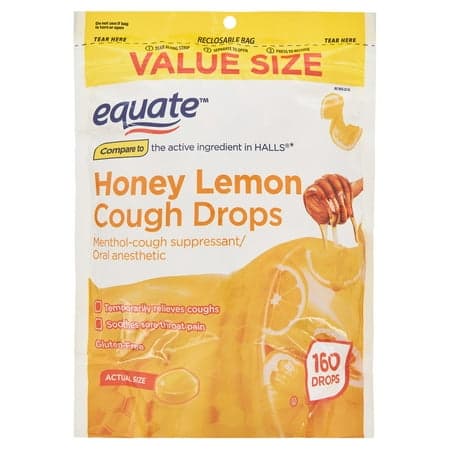 Picture of Equate Sore Throat and Cough Relief Menthol Cough Drops, Honey Lemon Flavor, 160 Count
