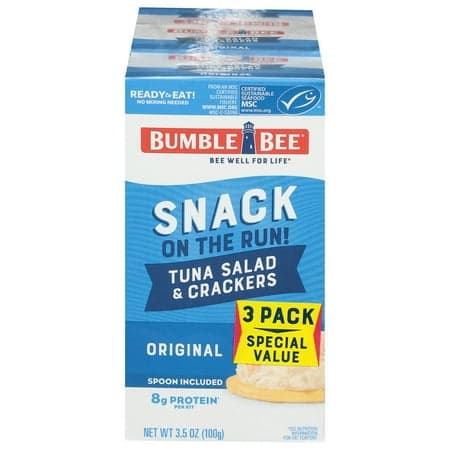 Picture of Bumble Bee Snack on The Run Tuna Salad with Crackers Kit, Wild Caught, Ready to Eat, 8g Protein per Serving, Shelf Stable Box, 3.5 oz (Pack of 3)