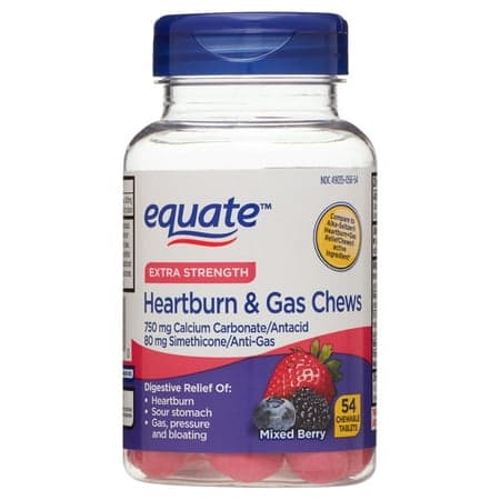 Picture of Equate Extra Strength Heartburn Relief + Gas Relief Chews, Mixed Berry, 54 Chewable Tablets