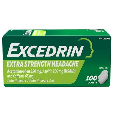 Picture of Excedrin Extra Strength, Acetaminophen 250mg, Aspirin 250mg, Caffeine 65mg, Pain Reliever Caplets for Headache Relief, 100 Count