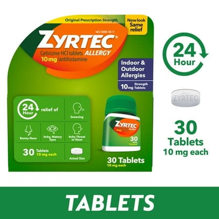 Picture of Zyrtec 24 Hour Allergy Relief Tablets with 10 mg Cetirizine HCl, 30 Ct