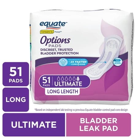 Picture of Equate Options Women's Incontinence Pads, Ultimate Absorbency, Long Length (51 Count), Compare to Poise®