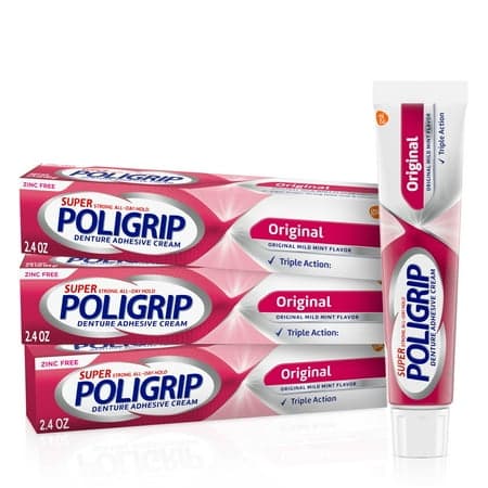 Picture of Super Poligrip Original Formula Zinc Free Denture and Partials Adhesive Cream, Mint, 2.4 oz, 3 Pack