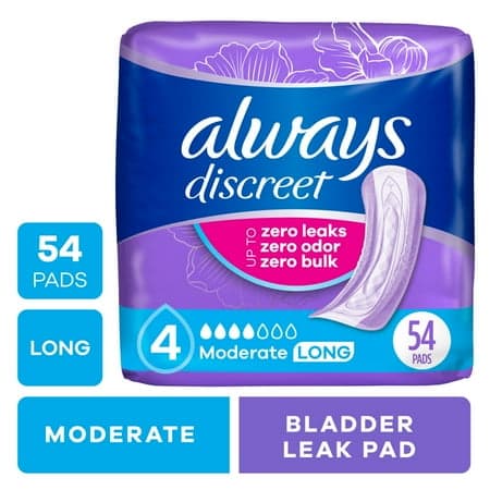 Picture of Always Discreet Adult Incontinence Pads for Women, Moderate Absorbency, Long Length, Postpartum Pads, 54 Count