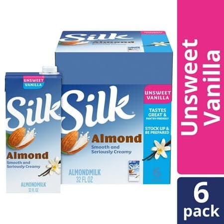 Picture of Silk Shelf Stable, Dairy Free, Lactose Free, Gluten Free, Unsweetened Vanilla Almond Milk, 32 fl oz Quart, 6 Count
