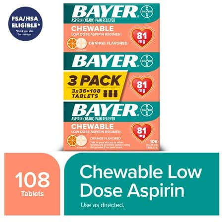 Picture of Bayer Chewable Aspirin Regimen Low Dose Pain Reliever Tablets, 81mg, Orange, 108 Count