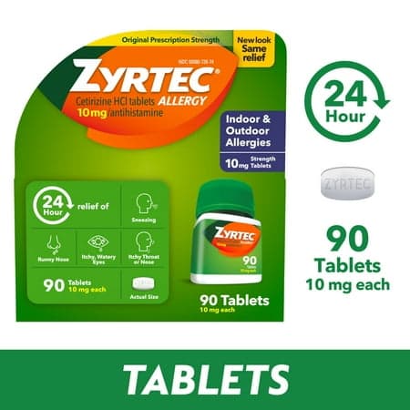 Picture of Zyrtec 24 Hour Allergy Relief Tablets with 10 mg Cetirizine HCl, 90 Ct