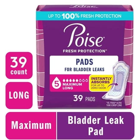 Picture of Poise Incontinence Pads for Women, 5 Drop Maximum Absorbency, Long Length, 39 Count