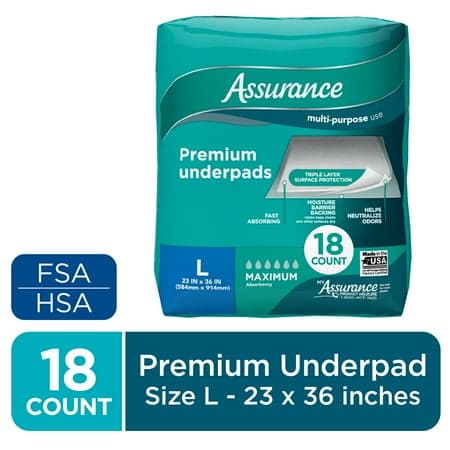 Picture of Assurance Unisex Premium Underpad for Adults, L , Maximum Absorbency (18 Count)