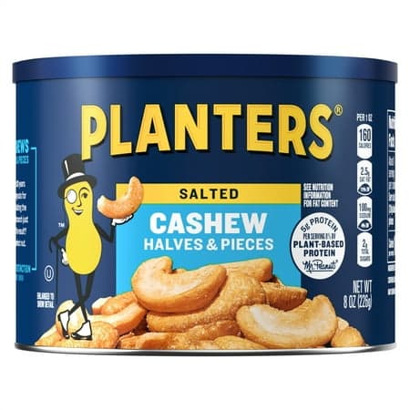 Picture of PLANTERS Salted Cashew Halves and Pieces, Party Snacks, Plant-Based Protein 8oz (1 Canister)