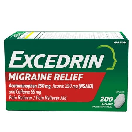 Picture of Excedrin Migraine Relief, Acetaminophen 250mg, Aspirin 250mg, Caffeine 65mg, Pain Reliever Caplets for Headache Relief, 200 Count