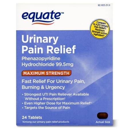 Picture of Equate Maximum Strength Urinary Pain Relief Phenazopyridine Tablets, 99.5 mg, 24 Count, Compare to AZO Urinary Pain Relief® Maximum Strength Active Ingredient
