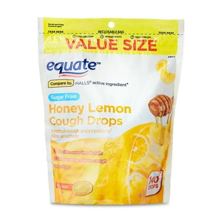 Picture of Equate Sugar Free Sore Throat and Cough Relief Menthol Cough Drops, Honey Lemon Flavor, 140 Count, Compare to the Active Ingredient in HALLS®