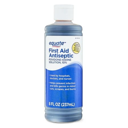 Picture of Equate First Aid Antiseptic Liquid Povidone-Iodine Solution 10%, 8 fl oz, Compare to Betadine First Aid Solution 10% Povidone-Iodine Topical Solution Active Ingredient
