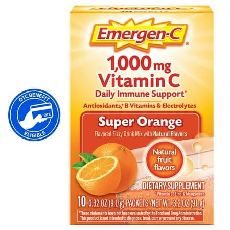 Picture of Emergen-C 1000mg Vitamin C Powder for Daily Immune Support with Zinc and Manganese, Super Orange - 10 Ct