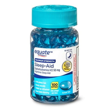 Picture of Equate Maximum Strength Nighttime Sleep-Aid Diphenhydramine HCl Sleep Support Softgels, 50 mg, 100 Count, Compare to Unisom® SleepGel®s Active Ingredient