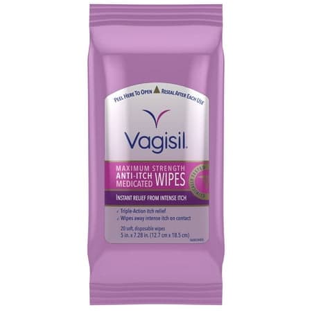 Picture of Vagisil Anti-Itch Medicated Wipes, Maximum Strength For Instant Relief from Intense Itch, 20 Wipes in a Resealable Pouch