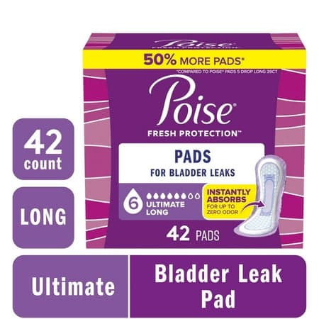 Picture of Poise Incontinence Pads for Women, 6 Drop Ultimate Absorbency, Long Length, 42 Count