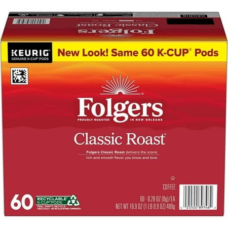 Picture of Folgers Classic Roast, Medium Roast Coffee, Keurig K Cup Pods, 60 Count Box