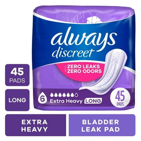 Picture of Always Discreet Adult Incontinence Pads for Women, Extra Heavy Absorbency, Long Length, Postpartum Pads, 45 Count