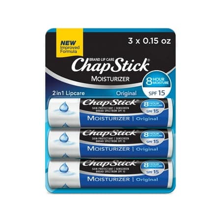 Picture of ChapStick Lip Moisturizer and Skin Protectant Lip Balm Tube, Original Flavor, Sunscreen, SPF 15, 0.15 oz, 3 Pack