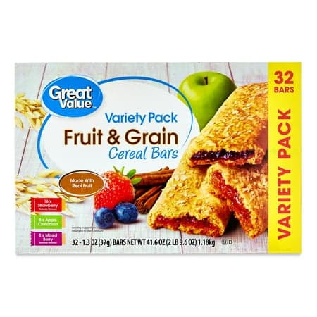 Picture of Great Value Fruit & Grain Cereal Bars, Variety Pack, 1.3 oz, 32 Count