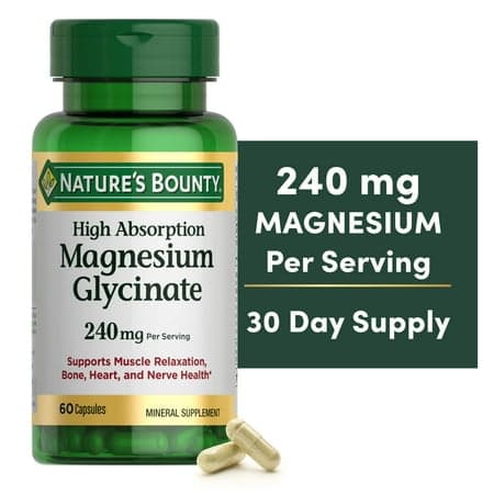 Picture of Nature's Bounty High Absorption Magnesium Glycinate Supplements, 240mg, Supports Muscle Relaxation, Bone Heart and Nerve Health, 60 Capsules