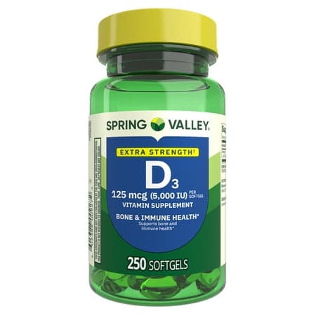 Picture of Spring Valley Extra Strength Vitamin D3 Softgels, 125 mcg (5000 IU), 250 Count, Supplement for Bone and Immune Health