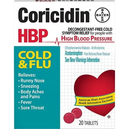Picture of Coricidin HBP Multi-Symptom Cold & Flu Relief Tablets, for High Blood Pressure, 20 Count