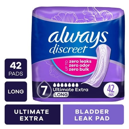 Picture of Always Discreet Adult Incontinence Pads for Women, Ultimate Extra Absorbency, Long Length, Postpartum Pads, 42 Count