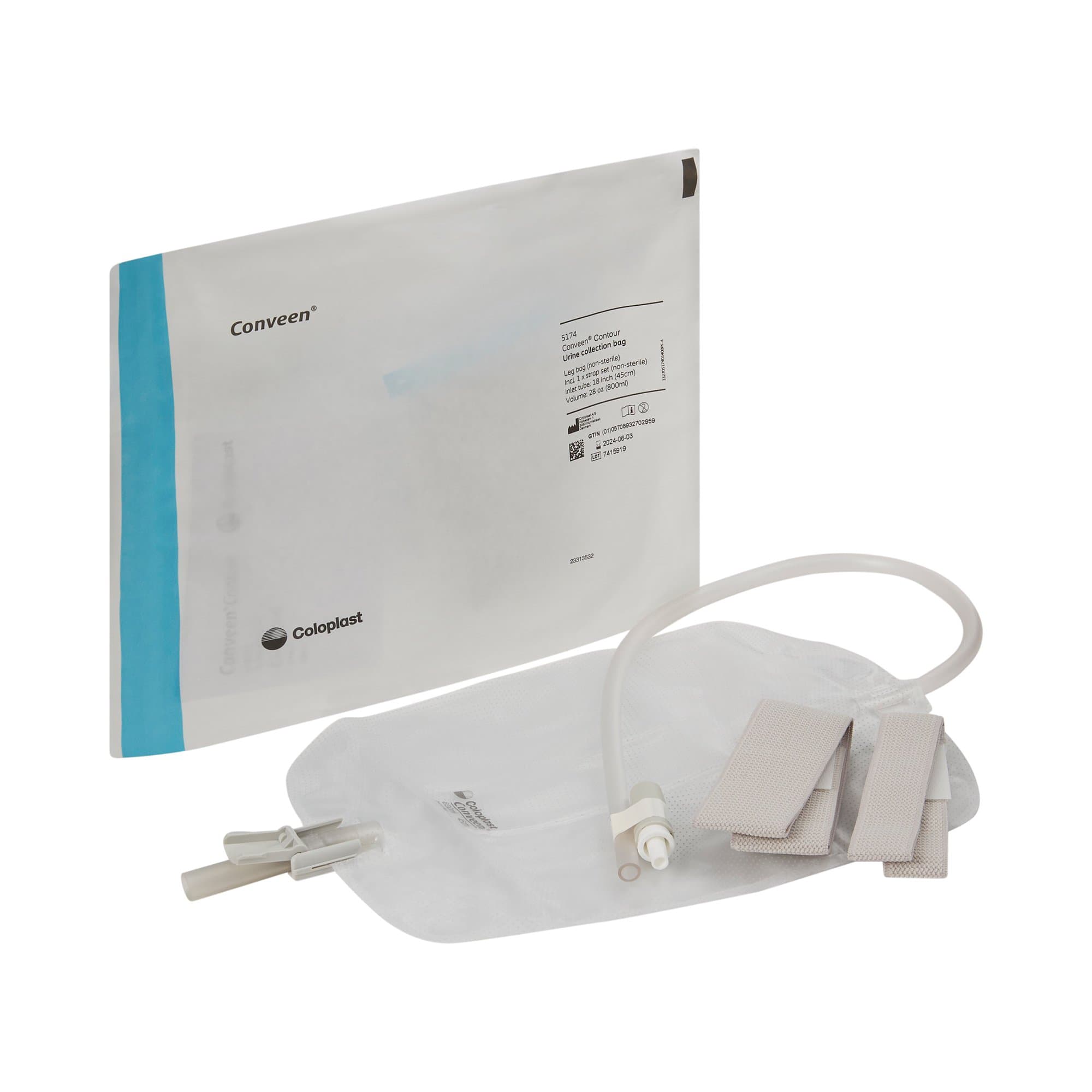 Picture of Conveen Contour Urinary Leg Bag, Anti-Reflux Valve, Polyethylene/Flocked, 800mL