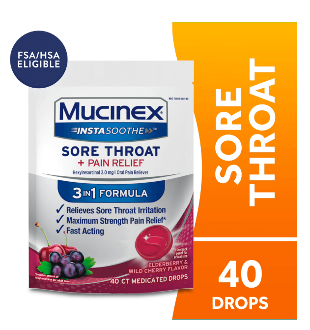 Picture of Mucinex Instasoothe Sore Throat Lozenges, Elderberry & Cherry Flavor, 40 Count, Medicated Throat Drops, FSA/HSA Eligible