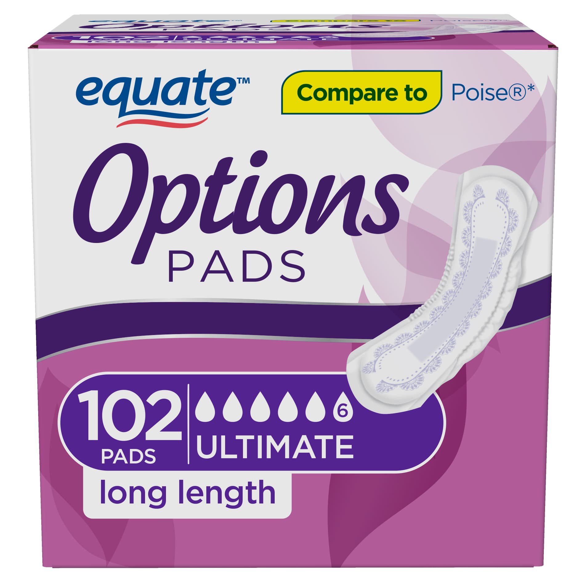 Picture of Equate Women's Options Incontinence Pads, Ultimate Absorbency, Long, 102ct