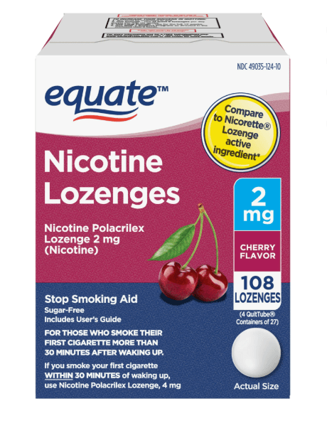 Picture of Equate Nicotine Lozenge 2 mg, Cherry Flavor, Stop Smoking Aid, 108 Count, Compare to Nicorette Lozenge Active Ingredient