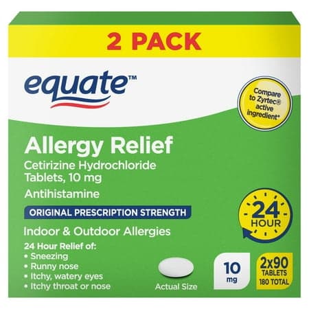 Picture of Equate Allergy Relief, Cetirizine Hydrochloride Tablets, 10 mg, 90 Count, 2 Pack