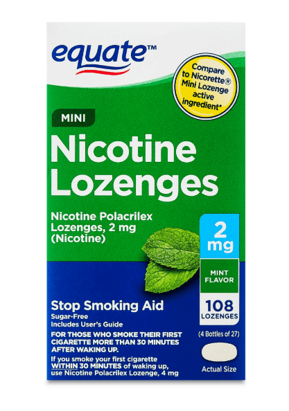 Picture of Equate Mini Nicotine Polacrilex Lozenges, Stop Smoking Aid, 2 mg, Mint Flavor, 108 Count, Compare to Nicorette Mini Lozenge Active Ingredient