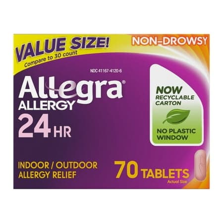 Picture of Allegra 24hr Adults' Non-Drowsy Allergy Relief Antihistamine Tablets, 180mg, 70ct
