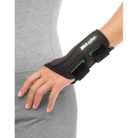 Picture of Mueller green fitted wrist brace, black, one size fits most, left hand