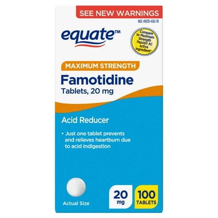 Picture of Equate Maximum Strength Famotidine Tablets, 20 mg, Acid Reducer, 100 Count, Compare to Maximum Strength Pepcid AC Active Ingredient